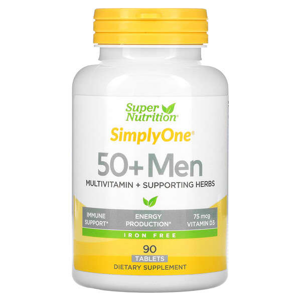 Super Nutrition, SimplyOne, Men's 50+ Multivitamin with  Supporting Herbs, Iron Free, 90 Tablets