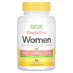 Super Nutrition, SimplyOne, Multivitamines + plantes fortifiantes pour femmes, Sans fer, 90 comprimés