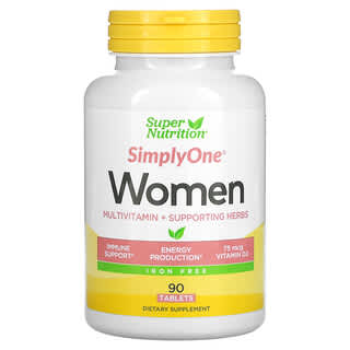 Super Nutrition, SimplyOne, мультивитамины и полезные травы для женщин, без железа, 90 таблеток
