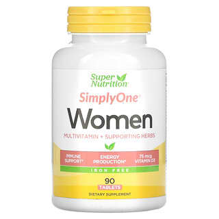 Super Nutrition, SimplyOne, мультивитамины и полезные травы для женщин, без железа, 90 таблеток