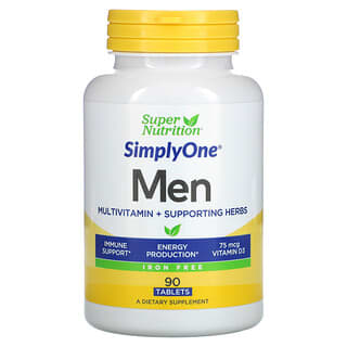 Super Nutrition, SimplyOne, Suplemento multivitamínico más hierbas de refuerzo para hombres, Sin hierro, 90 comprimidos