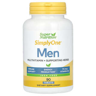 Super Nutrition, SimplyOne, 남성용 종합비타민 + 건강 증진 허브, 철분 무함유, 90정