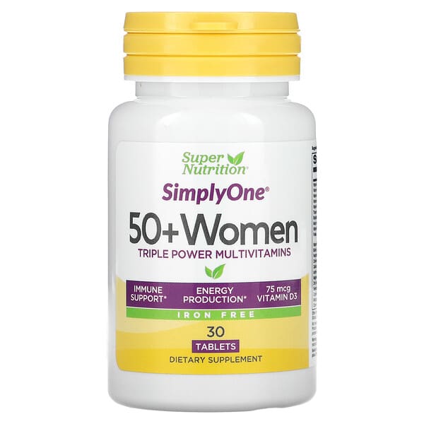 Super Nutrition（スーパーニュートリション）, SimplyOne（シンプリーワン）、50歳以上の女性用、トリプルパワーマルチビタミン、鉄分不使用、30粒
