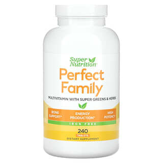 Super Nutrition, Perfect Family, мультивитамины с суперзеленью и травами, без железа, 240 таблеток