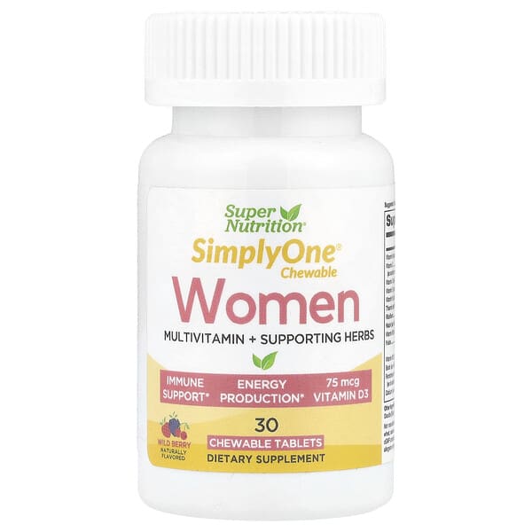 Super Nutrition, SimplyOne®, Women, Multivitamin + Supporting Herbs, Wild-Berry, 30 Chewables