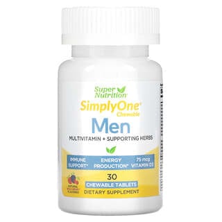 Super Nutrition, SimplyOne, Multivitamínico + Ervas de Reforço para Homens, Frutos Silvestres, 30 Comprimidos Mastigáveis