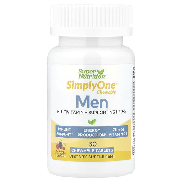 Super Nutrition SimplyOne®, Men’s Multivitamin + Supporting Herbs with Vitamin A, Vitamin C, Organic Whole Food and Botanical Blend, Wild-Berry, 30 Chewable Tablets