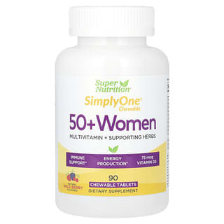 سوبر نوتريشن‏, SimplyOne، للنساء بعمر 50 عامًا فأكثر، متعدد الفيتامينات + أعشاب داعمة، بنكهة التوت البري، 90 قرصًا قابل للمضغ