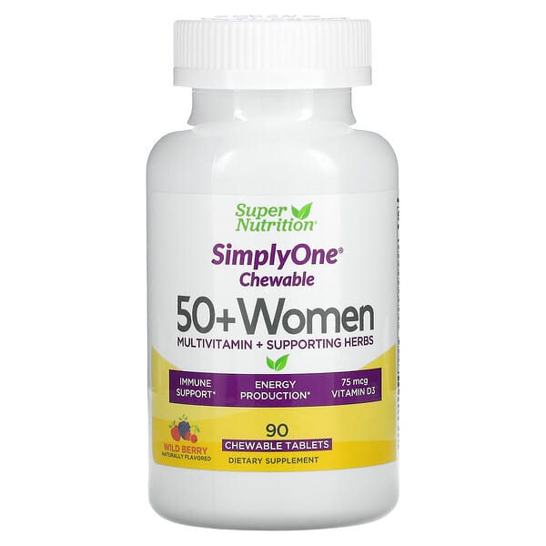 Super Nutrition, SimplyOne, мультивитамины и полезные травы для женщин старше 50 лет, вкус лесных ягод, 90 жевательных таблеток