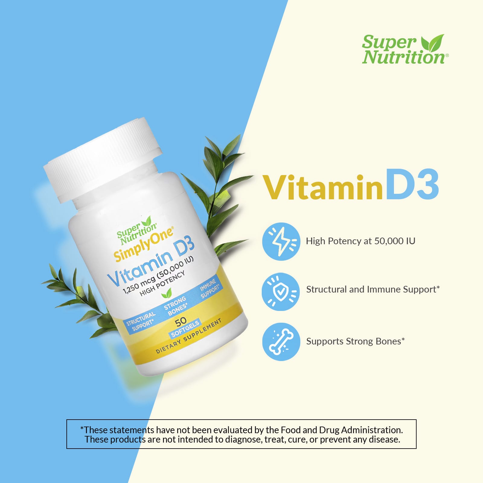 Super Nutrition, SimplyOne, Vitamin D3, 50,000 IU, 50 Softgels