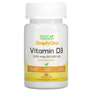 Super Nutrition, Simply One, Vitamine D3, 50 000 UI, 50 capsules à enveloppe molle