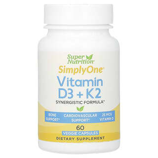 Super Nutrition, Vitamin D3 + K2, Nahrungsergänzungsmittel mit Vitamin D3 und K2, 60 pflanzliche Kapseln