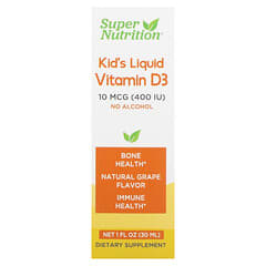 Super Nutrition, 兒童液體維生素 D3，無乙醇，葡萄味，10 微克（400 國際單位），1 液量盎司（30 毫升）