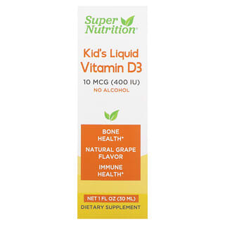 Super Nutrition, Kid’s Liquid Vitamin D3، خالٍ من الكحول، عنب، 10 مكجم (400 وحدة دولية)، 1 أونصة سائلة (30 ملل)