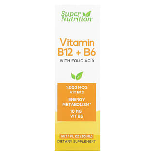 Super Nutrition (سوبر نوتريشن)‏, فيتامين (ب12) + (ب6) مع حمض الفوليك، 1 أونصة سائلة (30 مل)