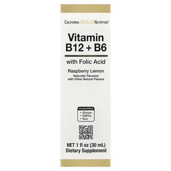California Gold Nutrition, Vitamin B12 as Cyanocobalamin with Vitamin B6 and Folic Acid, Raspberry Lemon, 1 fl oz (30 ml) — product photo 1