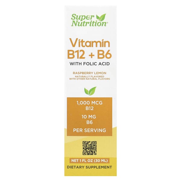 Super Nutrition, 維生素 B12（甲鈷胺）含維生素 B6 和葉酸，樹莓檸檬味，1 液量盎司（30 毫升）