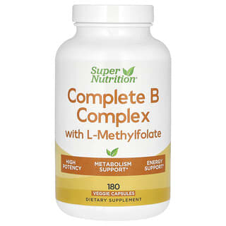 Super Nutrition, полный комплекс витаминов группы B с L-метилфолатом, 180 растительных капсул