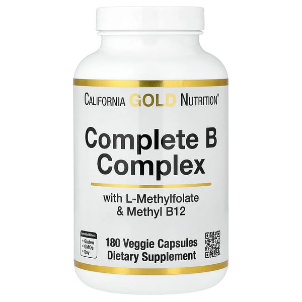 California Gold Nutrition (캘리포니아골드뉴트리션), 컴플리트 B 복합체, l-활성엽산, 메틸코발라민 B12 함유, 베지 캡슐 180정
