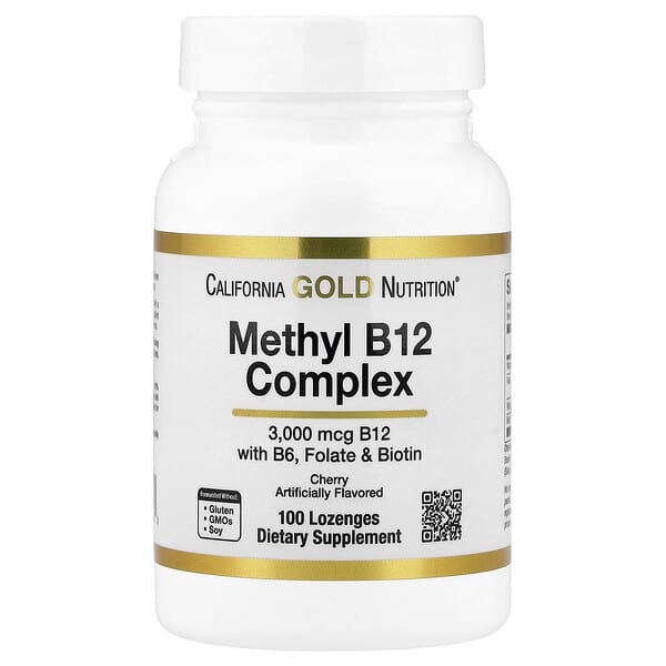 California Gold Nutrition, 메틸 B12 복합체, 엽산, 비오틴 및 비타민B6 함유, 체리 맛, 사탕 정제 100정