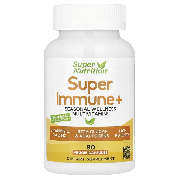 Super Nutrition Super Immune+ Multivitamin with Super Adaptogens, Vitamin C, Vitamin D, Zinc, and Beta Glucan, 90 Veggie Capsules