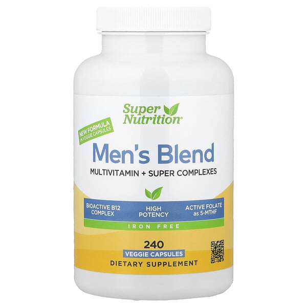 Super Nutrition Men's Multivitamin with Super Adaptogens, Greens, Spices, and Vitamin A, Iron Free, 240 Veggie Capsules