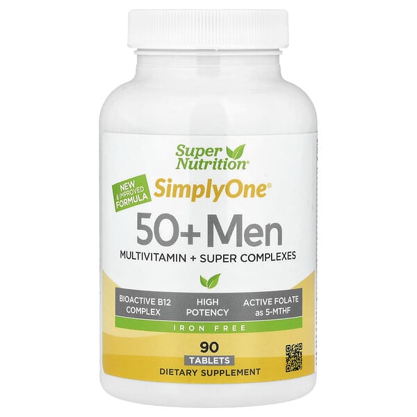 Super Nutrition Simply One, Men's 50+ Multivitamin with Super Adaptogens, Greens, Spices, & Antioxidant, Iron Free, 90 Tablets