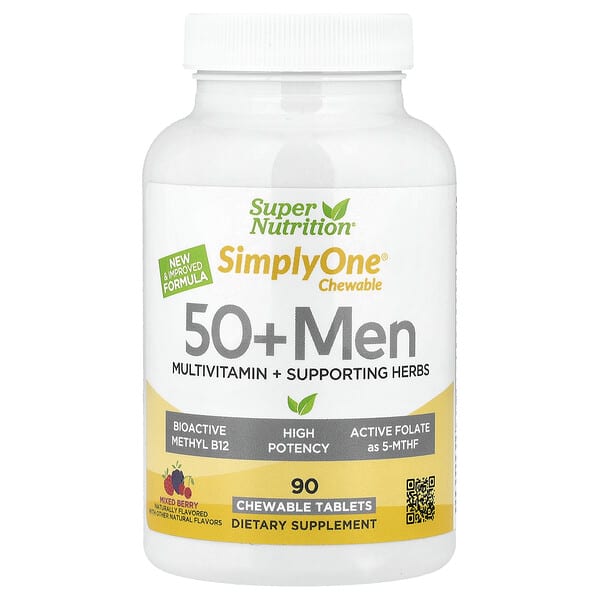 Super Nutrition SimplyOne® Chewable 50+ Men Multivitamin + Supporting Herbs, Mixed Berry, 90 Chewable Tablets