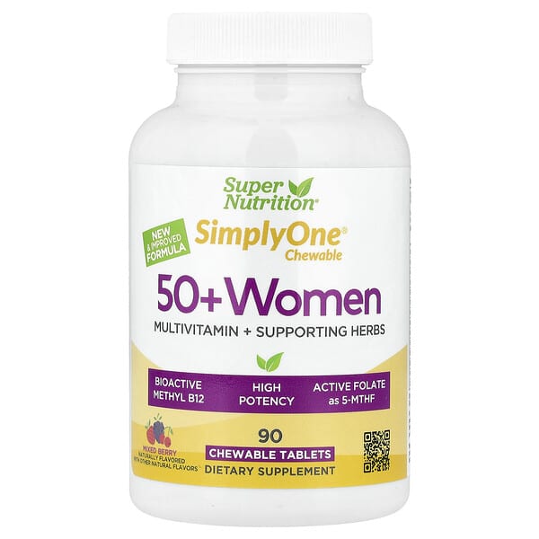 Super Nutrition Simply One®, 50+ Women Multivitamin + Supporting Herbs, Mixed Berry, 90 Chewable Tablets