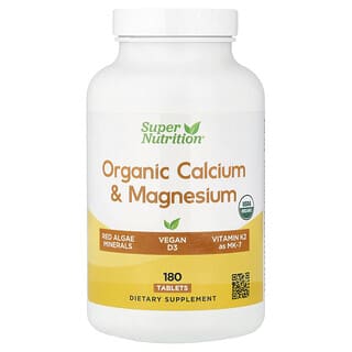 Super Nutrition, Calcio y magnesio orgánicos con vitamina D3 y vitamina K2, 180 comprimidos