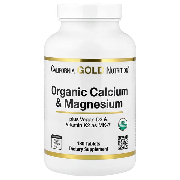 California Gold Nutrition Organic Calcium & Magnesium Plus D3 & K2, 180 Tablets