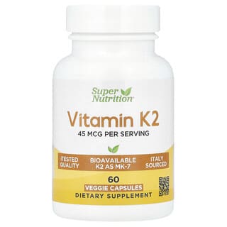 Super Nutrition, Vitamin K2, Nahrungsergänzungsmittel mit Vitamin K2, 45 mcg, 60 pflanzliche Kapseln