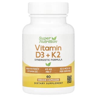 Super Nutrition, Vitamin D3 + K2, Nahrungsergänzungsmittel mit Vitamin D3 und K2, 60 pflanzliche Kapseln