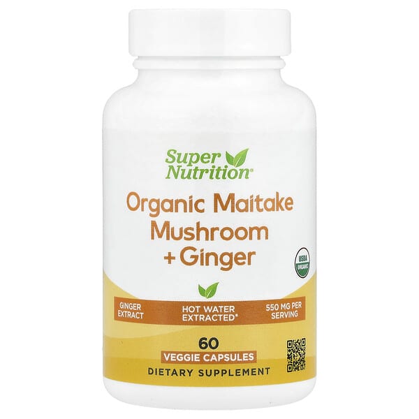 Super Nutrition, 유기농 잎새버섯 + 생강, 베지 캡슐 60정