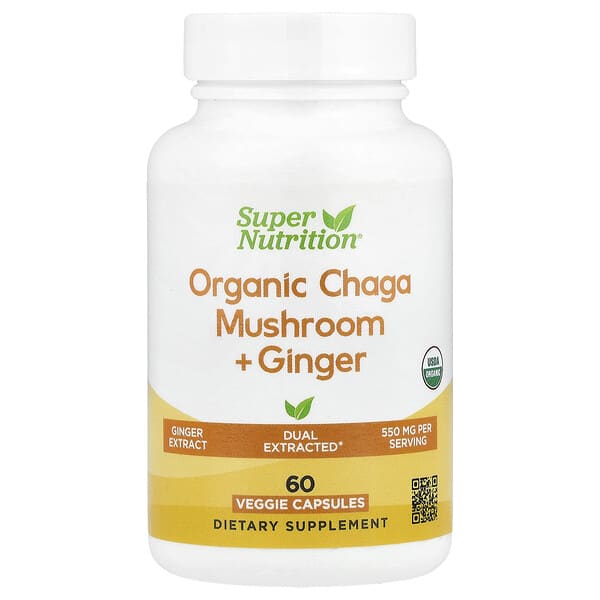 Super Nutrition, 유기농 차가버섯 + 생강, 베지 캡슐 60정