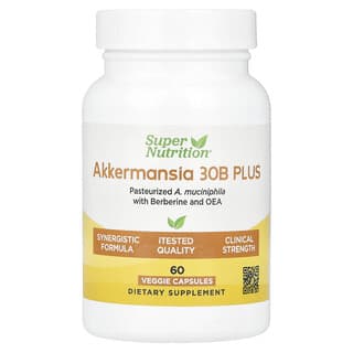 Super Nutrition, Akkermansia 30B CON A. muciniphila pasteurizada con berberina y OEA, 60 cápsulas vegetales