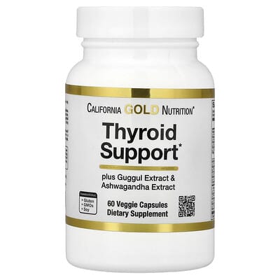 California Gold Nutrition, Thyroid Support with Guggul, Ashwagandha, Bacopa and Green Tea Extracts, 60 Veggie Capsules