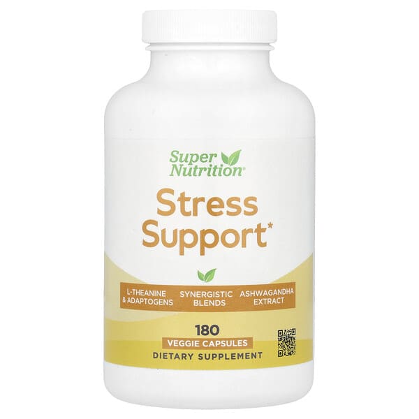 Super Nutrition, Stress Support with L-Theanine, Ashwaghanda, Botanical Blend, and Enzymes, 180 Veggie Capsules