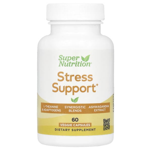 Super Nutrition, Stress Support with L-Theanine, Ashwagandha, Botanical Blend, and Enzymes, 60 Veggie Capsules