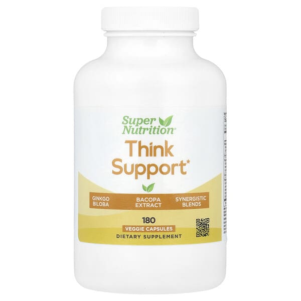 Super Nutrition, Think Support, 은행나무, 골무꽃, 고투콜라, 바코파, 효소 함유, 베지 캡슐 180정