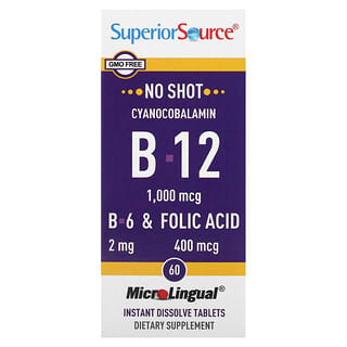 Superior Source, Cianocobalamina, vitaminas B12, vitamina B6 y ácido fólico, 1000 mcg, 2 mg y 400 mcg, 60 comprimidos de disolución instantánea MicroLingual