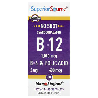 Superior Source, Cyanocobalamine & B-12 & B-6 & foliumzuur, 1.000 mcg & 2 mg & 400 mcg, 60 MicroLingual Instant Dissolve Tabletten