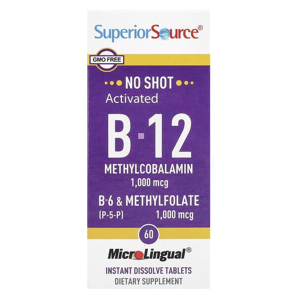 Superior Source, 활성 B-12, 메틸코발라민, B-6(P-5-P) 및 메틸엽산, MicroLingual® 즉시 용해되는 정제 60정