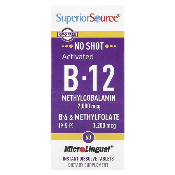 Superior Source, 활성 B-12, 메틸코발라민, B-6(P-5-P) 및 메틸엽산, MicroLingual® 즉시 용해되는 정제 60정