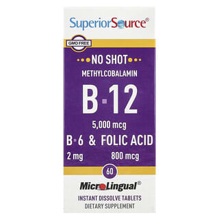 Superior Source, Metilcobalamina B12 5000 mcg, B-6 & ácido fólico 800 mcg, 60 tabletas microlinguales