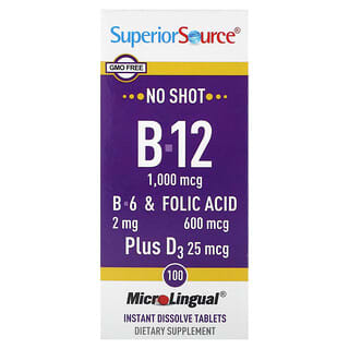 Superior Source, B-12, B-6 y ácido fólico, más D3, 100 comprimidos microlingües de disolución instantánea