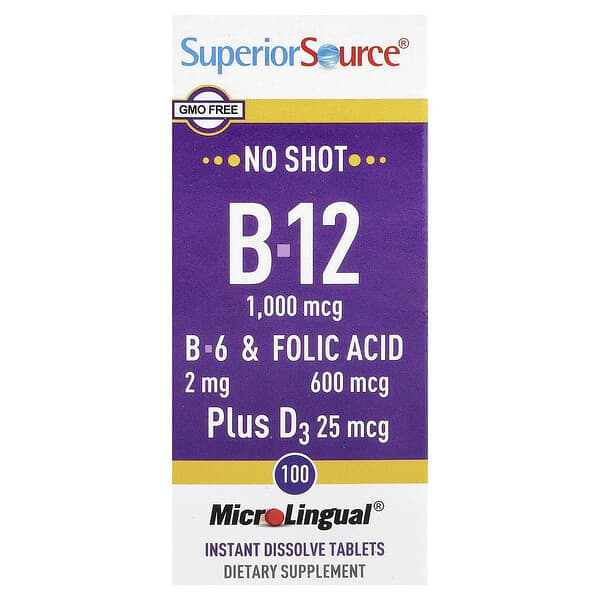 Superior Source, B-12, B-6 & Folic Acid, Plus D3, 100 MicroLingual® Instant Dissolve Tablets — product photo 1