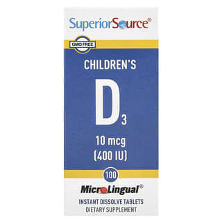 Superior Source, D3 para niños, 10 mcg (400 UI), 100 comprimidos microlingües de disolución instantánea