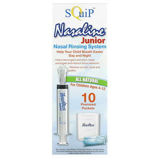 Squip, Nasaline Junior, Sistema de enjuague nasal, Para niños de 4 a 12 años, Kit de 14 piezas
