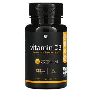 Sports Research, витамин D3 с кокосовым маслом, 125 мкг (5000 МЕ), 30 мягких таблеток 